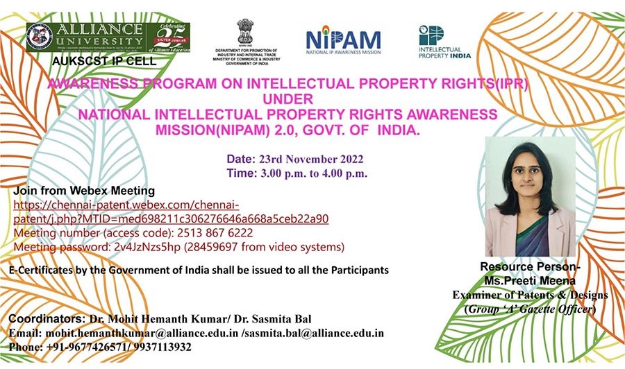 Alliance University Hosts One Day Awareness Program on Intellectual Property Rights (IPR) under National Intellectual Property Rights Awareness Mission (NIPAM) 2.0, Govt. of India