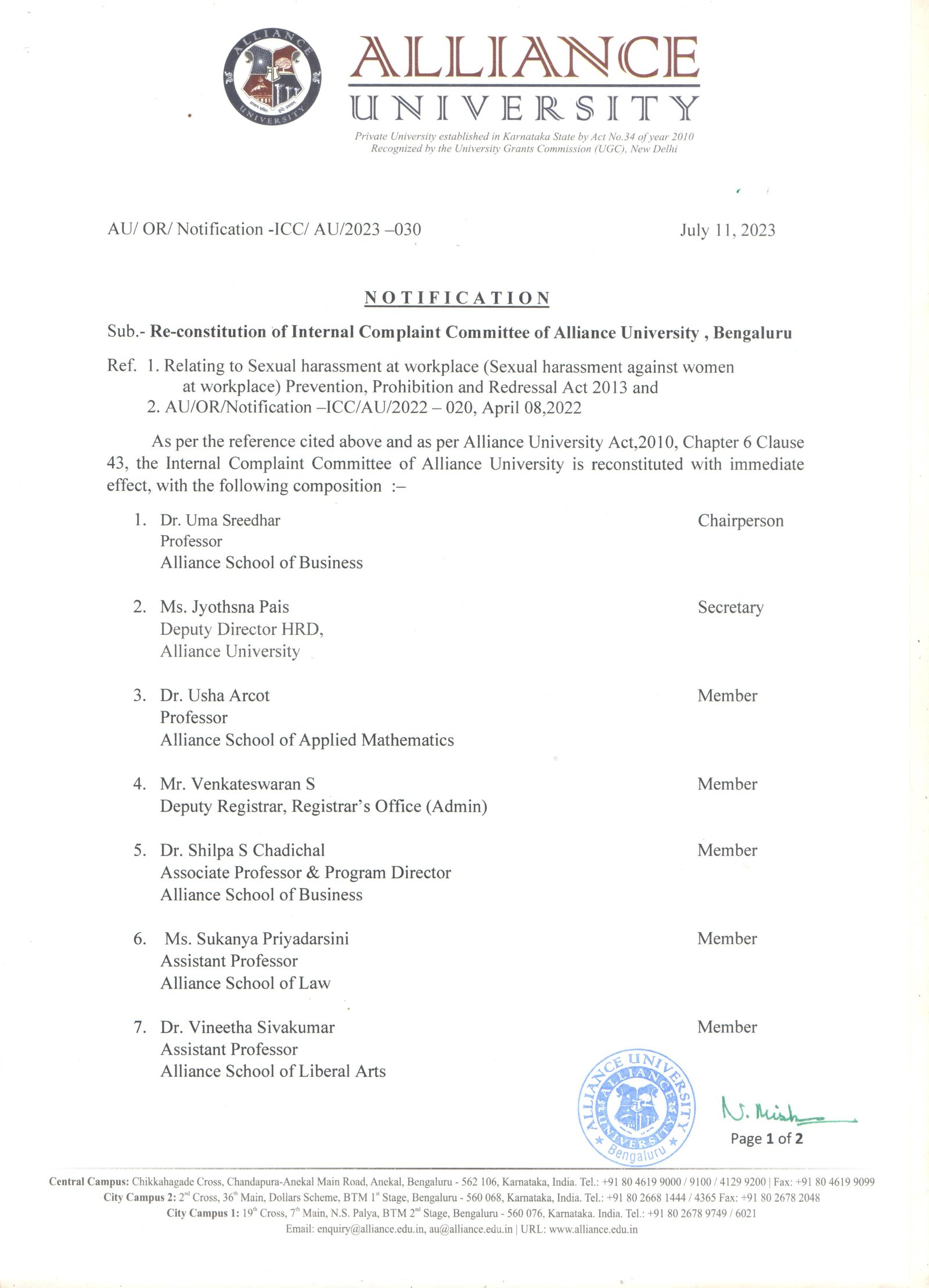 Reconstitution of Internal Complaint Committee of Alliance University, Bengaluru - 1